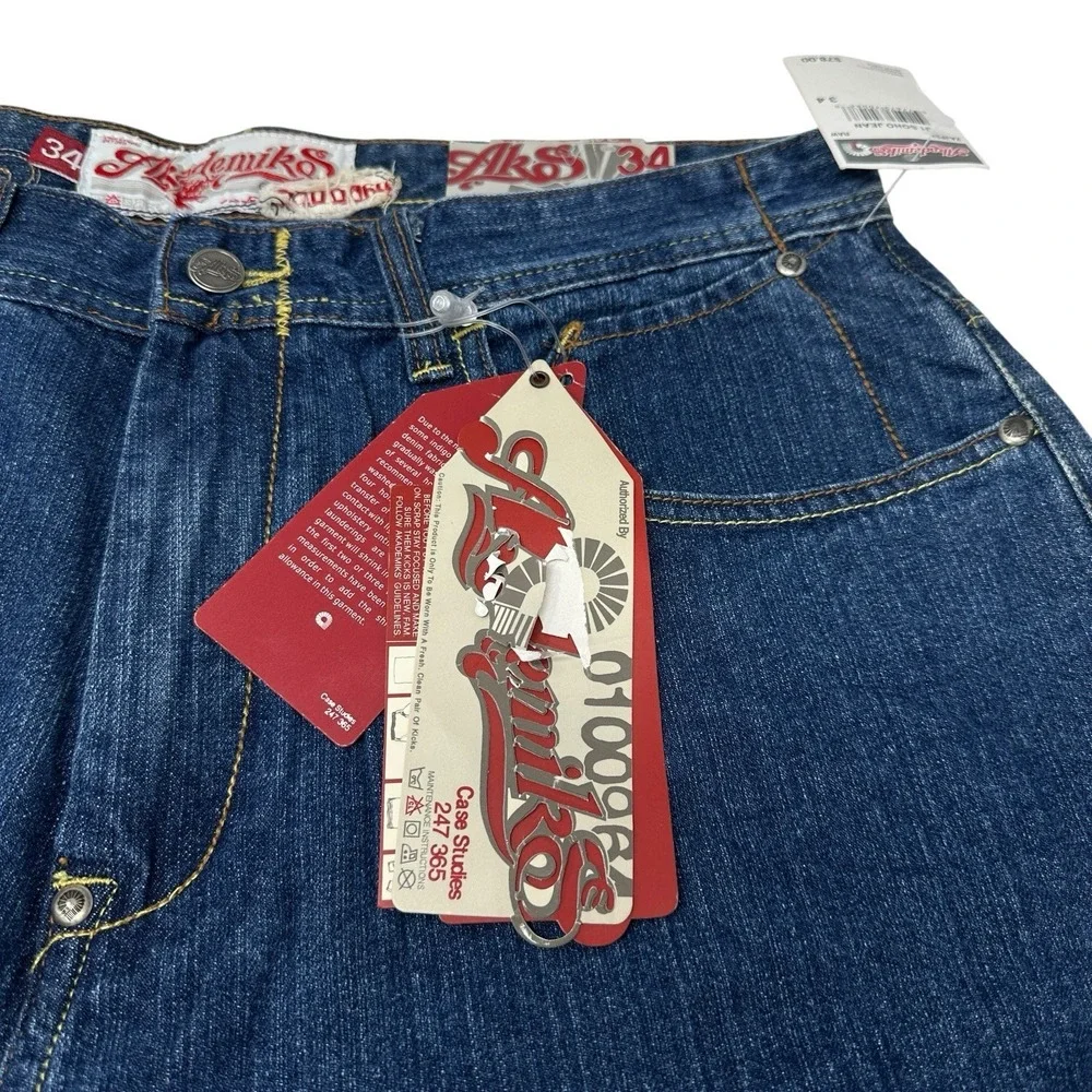 AKADEMIKS NWT Vintage J1 SoHo Men's Jeans Blue Baggy Wide Leg Denim‎ Y2K Size 34